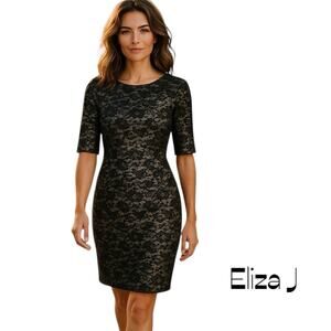 Eliza J Sheer Metallic Black Gold Lace Glam Party Event Dress NWOT Size 8